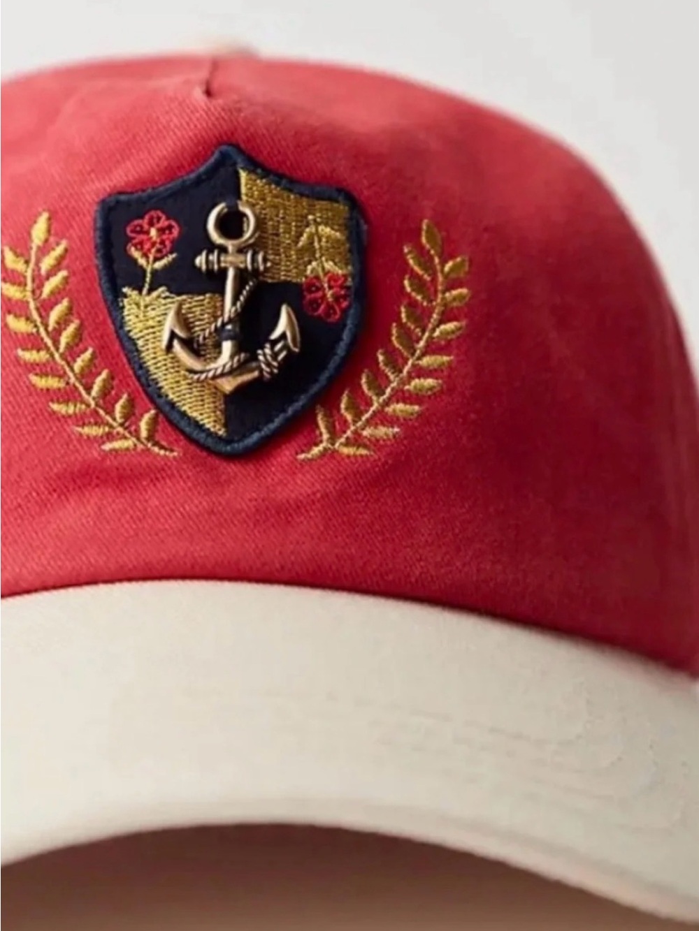 FREE PEOPLE/ Anchor Charmed Baseball Hat | Red and Cream Embroidered Anchor Cap